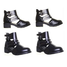 Femmes Talon Bloc Bottines avec Boucles en Noir Taille UK 3 - 8