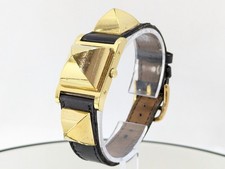 Montre HERMES Medor ME1.201 Or Cuir Noir Quartz 743535 Femme Fonctionne...