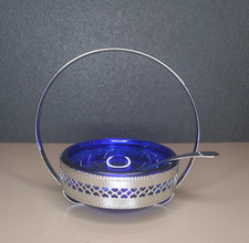 Sucrier Confiturier Vintage Bol Verre Bleu + Support Métal déco Cœur + Cuillère