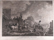 Jean MOYREAU (1690-1762)  Wouwerman La Buvette des chasseurs c. 1740 Gravure
