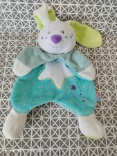 Doudou plat lapin bleu vert blanc violet étoile Sucre d'Orge