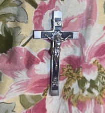French pocket Altar cross 3½” Crucifix Alter server Silver 1800s Wood Desk Black