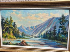 ROGER BORDENAVE.  Paysage Rivière Montagne Peinture huile sur panneau D'isorel.