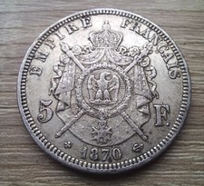 Pièce 5 francs argent Napoléon III , tête laurée 1870 BB 