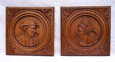 French Couple of Breton Quimper Carved Wood Panels Medallion Vintage
