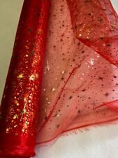 Tissu ROUGE Organza ETOILES NOEL au mètre chemin de table OR ARGENT déco 150 cm