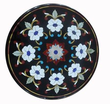 24 " Marbre Rond Café Centre Table Top Incrustation Noir Demi Précieux Décor