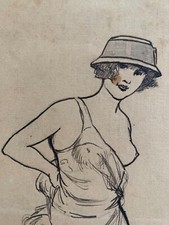 Encre Portrait Jeune Femme Courtisane Dentelle Jarretelles Talon Chapeau Curiosa