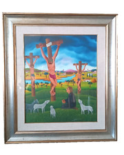 PEINTURE À L'HUILE SUR TOILE CESARE MARCHESINI (MONZA 1939) CRUCIFIXION - NAÏF