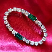 Broche Ovale Vintage Métal Rhodié Strass Ronds Et Baguettes Vert Émeraude 
