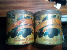 lot de 2 boîtes tôle - fer blanc, ronde, PRUNES - PRUNEAUX