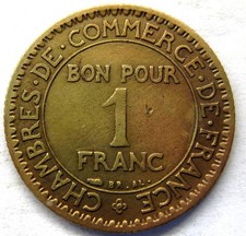 Pièce monnaie Française Bon Pour 1 franc, 1923, Chambres Commerce, SUP, (133).