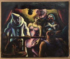 Tableau Ancien Huile Jacques Démoulin Cirque Cabaret Clown Danseuse Singe 1945