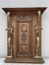 Ancien Porte-manteaux Mural en Bois Sculpté avec Patères en Laiton Début XXe