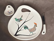 Bel Ensemble Plateau A Fromage Couteau Et Bol Dans Sa Boite faience 1960 Oiseaux