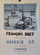 Affiche originale ancienne 1958 François Bret exposition Galerie 65 Cannes /AP16