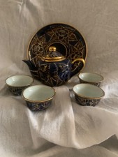 Théière, 4 tasses, plateau, miniature, porcelaine, bleue, dorée, collection.