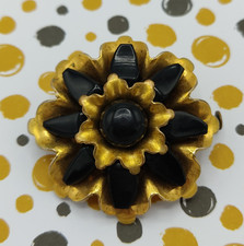 Bijou ancien broche fleur dorée avec perles noires Art Déco