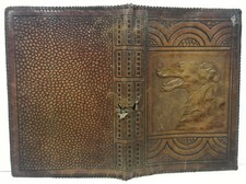 Ancien Véritable Protège Cahier Livre en Cuir Thème Chien de Chasse