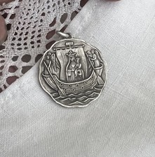 French Silver Medal Boulogne Sur Mer Round 1⅛” Medallion Pendant Mary Sea Crest