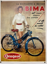 Peugeot BIMA bicyclette à moteur et elle monte des côtes affiche originale 1954