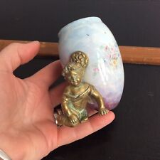 Oeuf en Métal Emaillé Peint Angelot Putti Colombes Monture Bronze Enfant XIXè