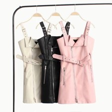 Femmes Faux Lanière Cuir Bretelles Robe Fermeture Éclair Ceinture Jupe Tunique