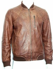 Blouson homme cuir agneau marron bombardier motard vieilli ancien vintage coat