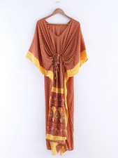 Rétro 80s Crêpe Soie Caftan Plancher-Longueur Élégant Robe Ethnique Style Jaune