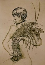 Grande gravure nu au homard Curiosa