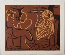 Pablo PICASSO : Femme dans un fauteuil et guitariste, Linogravure (1962)