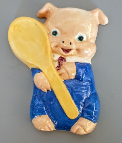 Vtg ceramic pig holding - holding, spoon
