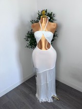 Robe longue blanche dos nu à franges – effet bohème chic – taille L - moulante 