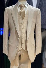 Mariage Costume Beige Avoine 5 Pièce Veste Pantalon Gilet Chemise Cravate Paquet