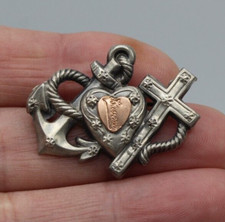 Ancienne Broche 3 Vertus Coeur / Croix / Ancre en Argent Massif 800 XIXè