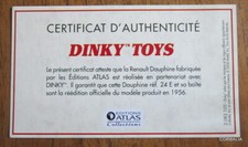 DINKY TOYS ATLAS / CERTIFICAT D' AUTHENTICITE RENAULT DAUPHINE REF 24 E