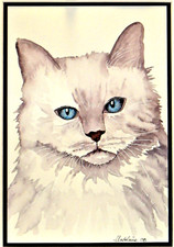 Peinture Aquarelle Animalière " Chat Sacré De Birmanie " signée Madeleine CB
