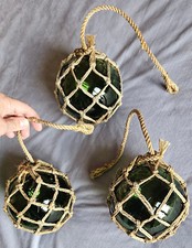 Lot de 3 boules flotteurs de pêche  Verre vert  Déco marine vintage avec cordage