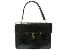VINTAGE SAC A MAIN HERMES PALONNIER EN CUIR DE CROCODILE NOIR LEATHER HAND BAG