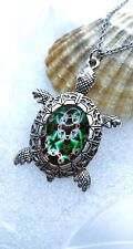 Collier FEMME Pendentif TORTUE Stylé Washi Art JAPON Carapace rosace VERT NOIR 