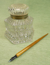 Ancien Gros Encrier En Cristal Taillé - Monture en Laiton Doré - Fin XIXè