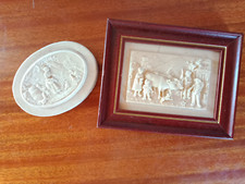 2x tableautin concrétion calcaire - Scène de Ferme ATTELAGE BOEUF + BASSE-COUR