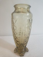 ANCIEN GRAND VASE EN VERRE PRESSÉ  JAUNE STYLE ART DÉCO