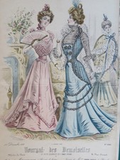 GRAVURE DE MODE COULEUR  XIX JOURNAL DEMOISELLES FEMME COSTUME ROBE NAPOLEON III
