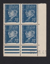 COIN DATÉ 1941 type Pétain Hourriez bleu n°510 Y&T 70c bloc 4 TIMBRES neufs