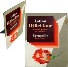 Plv chevalet parfum Grenoville lotion oeillet fané c1921 Paris publicité