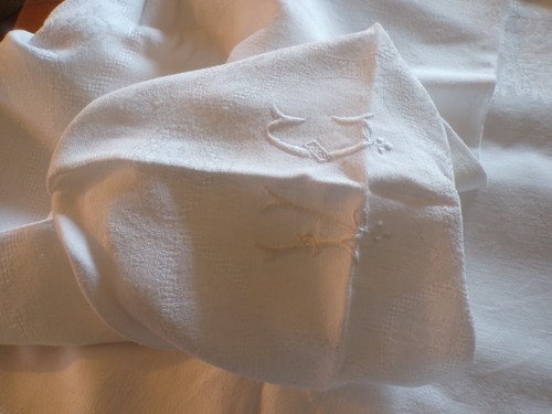 Nappe ancienne lin damassé - lin,