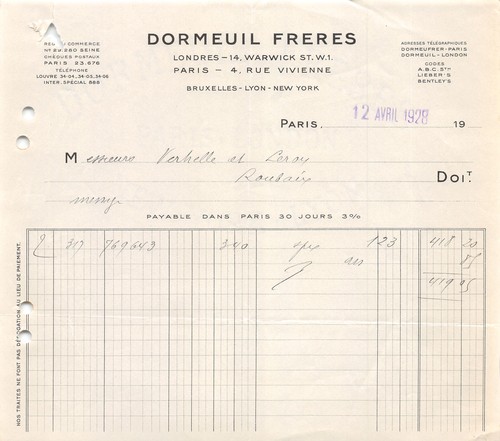 Facture 1928 dormeuil freres - ,