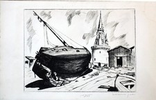 Maxime JUAN   "  Barque à l' Echouage ""  Burin original
