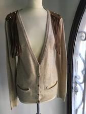 Cardigan/Gilet INTERDEE neuf beige avec pierreries et franges T: 38